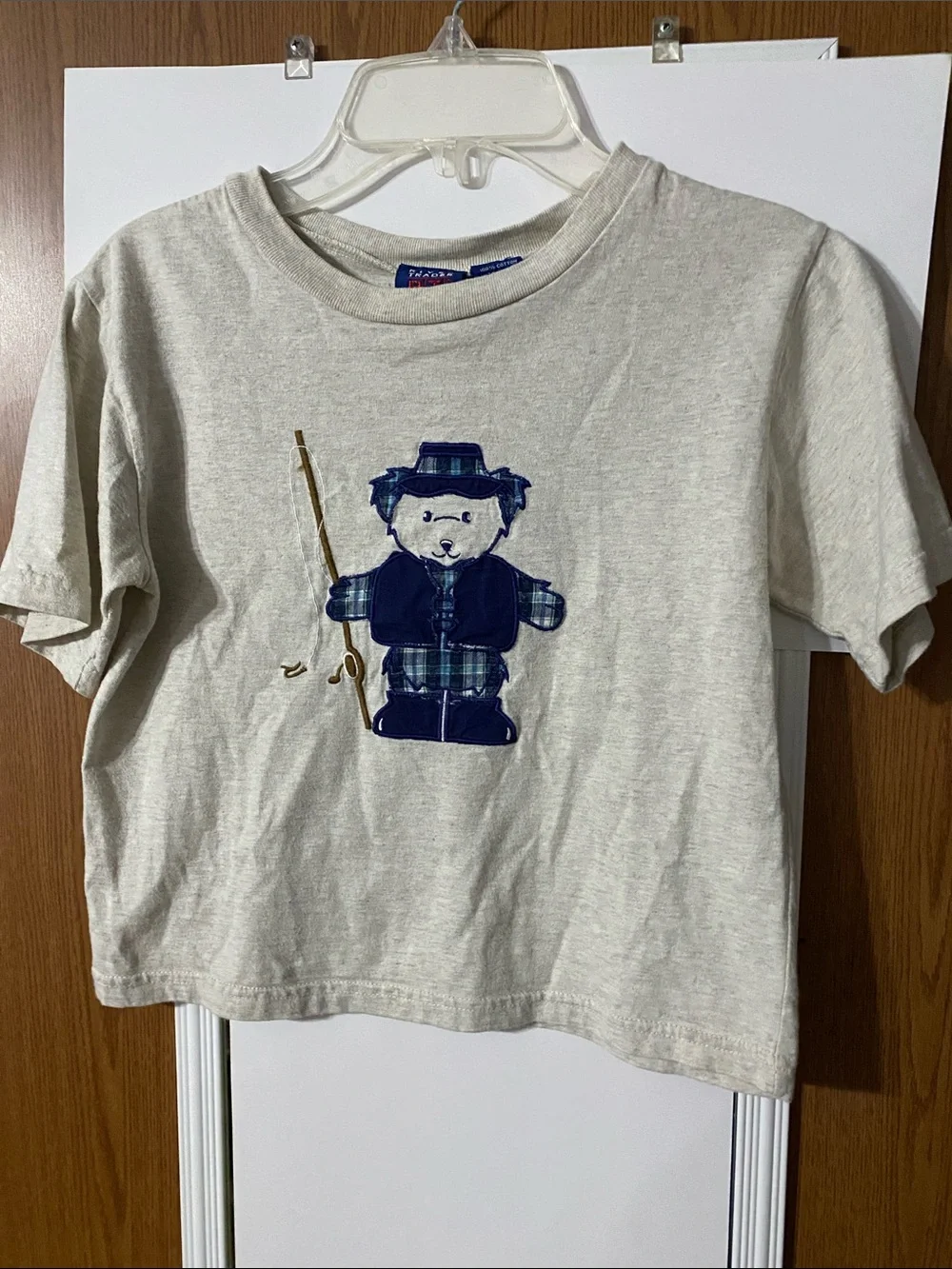 Kids Light Gray Bear Fishing Tee with Navy Applique. Vintage